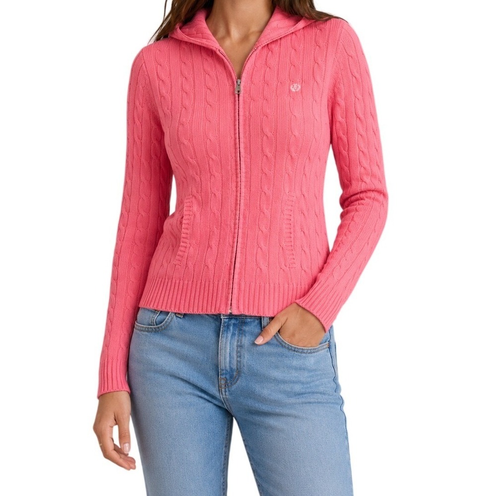 Chaps Pink Cable Knit Full Zip Hoodie Women's Large
